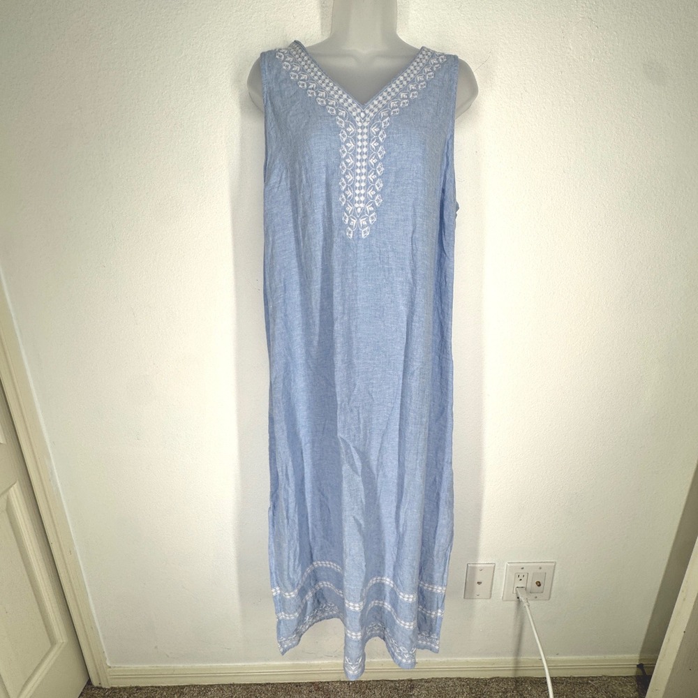 J Jill Blue Linen Embroidered Sleeveless Maxi Dress Size L P Boho Coastal Resort